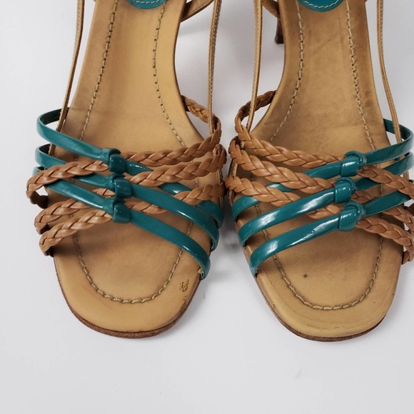 Prada Brown Braided Woven Leather Teal Green Rubber Strappy Sandals 37.5 - Picture 4 of 7